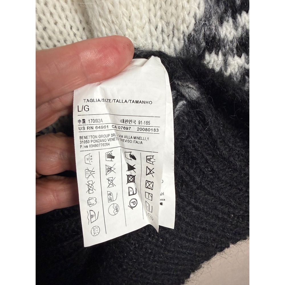 United Colors of Benetton Fair Isle Cardigan Women L Black White Alpaca Mohair - Picture 6 of 10